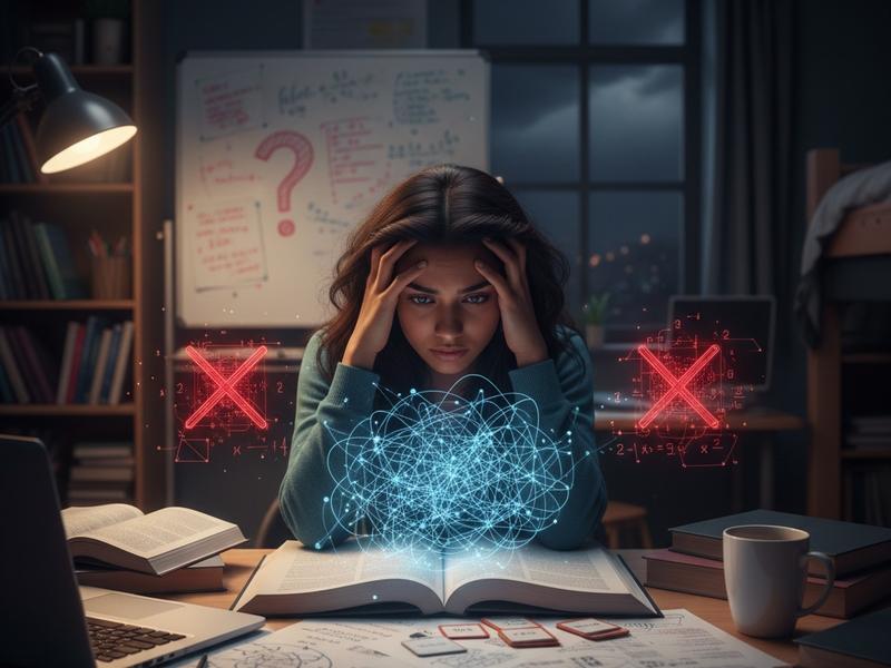 Obstacles in Education Student struggling to focus on open books, symbolizing weak Mercury effects on memory, concentration, and obstacles in education. 